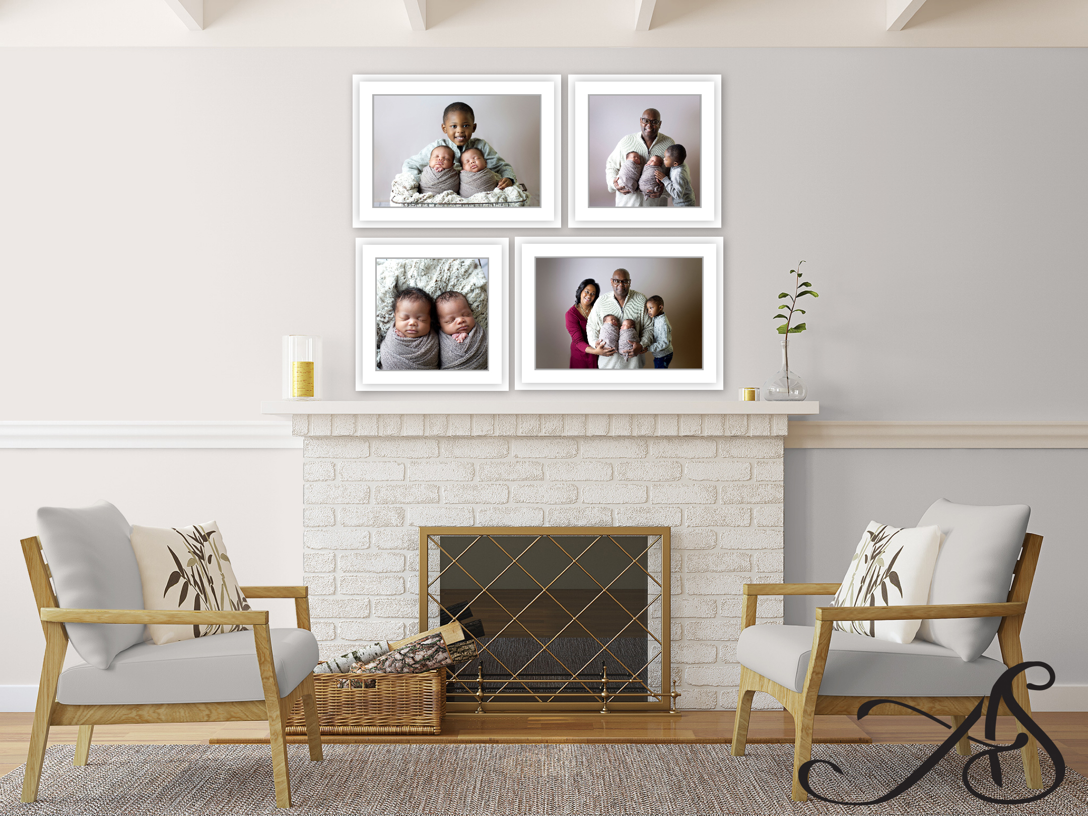 wall art display of family with twins