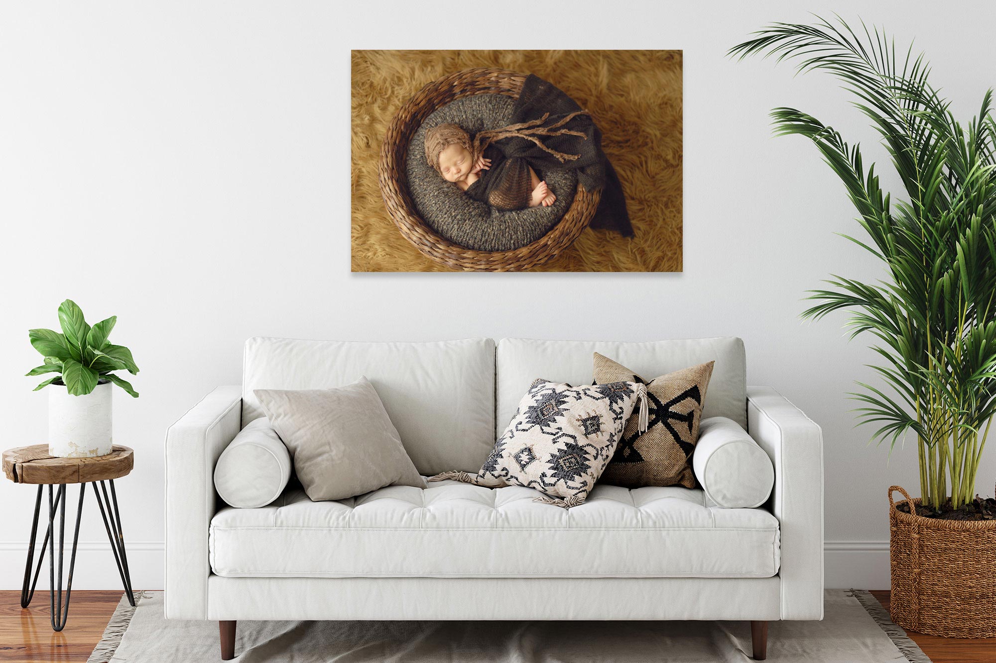 baby wrapped in a basket of picture wall art by angela singleton photography